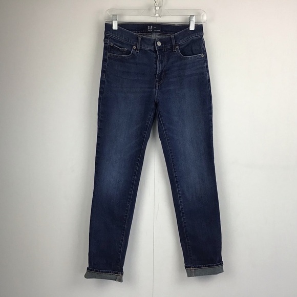 GAP Denim Girlfriend Dark Indigo Mid-Rise Tapered Leg Denim Jeans 0/25 - Picture 2 of 8